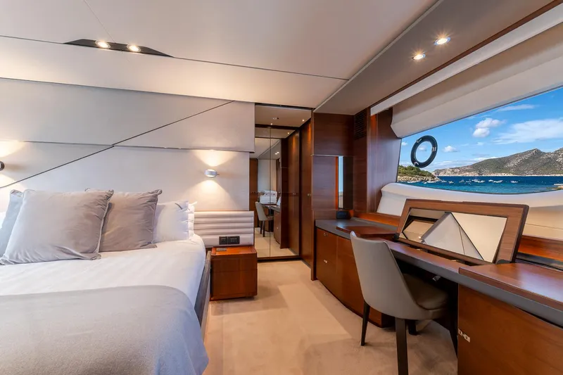  Yacht Photos Pics Luxurious 2019 Princess S78 yacht bedroom with ocean view and elegant interior design.