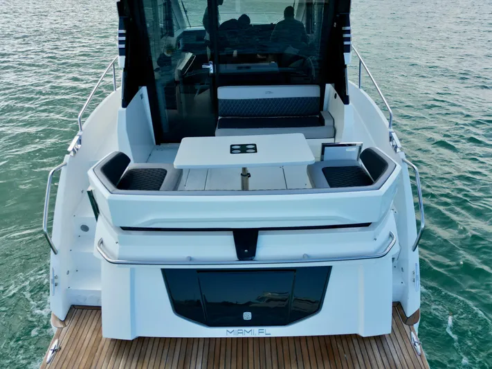  Yacht Photos Pics 2020 Galeon 425 HTS yacht with sleek deck design on calm water.