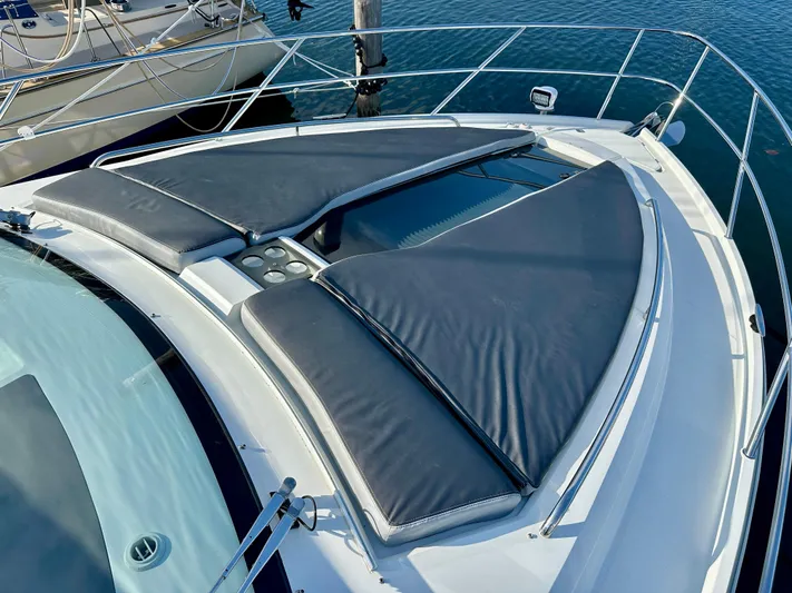  Yacht Photos Pics 2020 Galeon 425 HTS yacht with sleek sunbathing cushions on deck.