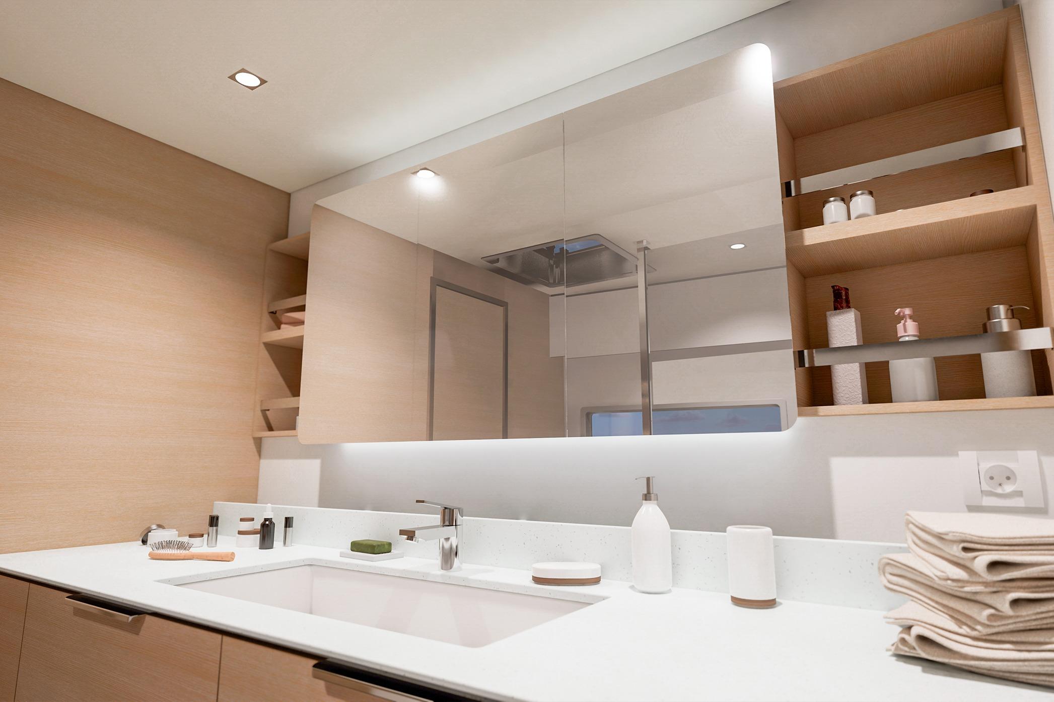 Modern bathroom interior on 2026 Fountaine Pajot 48 yacht, featuring sleek design and ample storage.