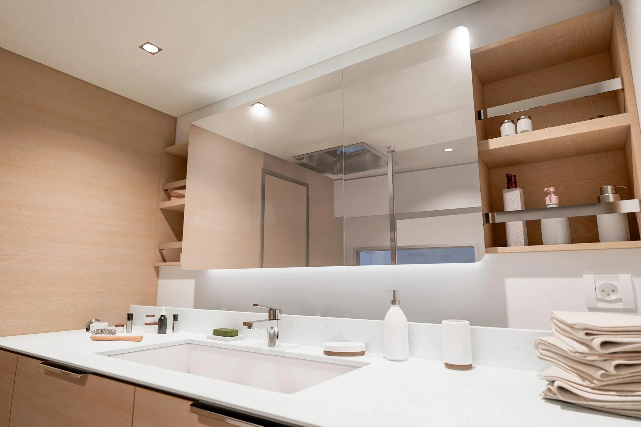 Modern bathroom interior on 2026 Fountaine Pajot 48 yacht, featuring sleek design and ample storage.