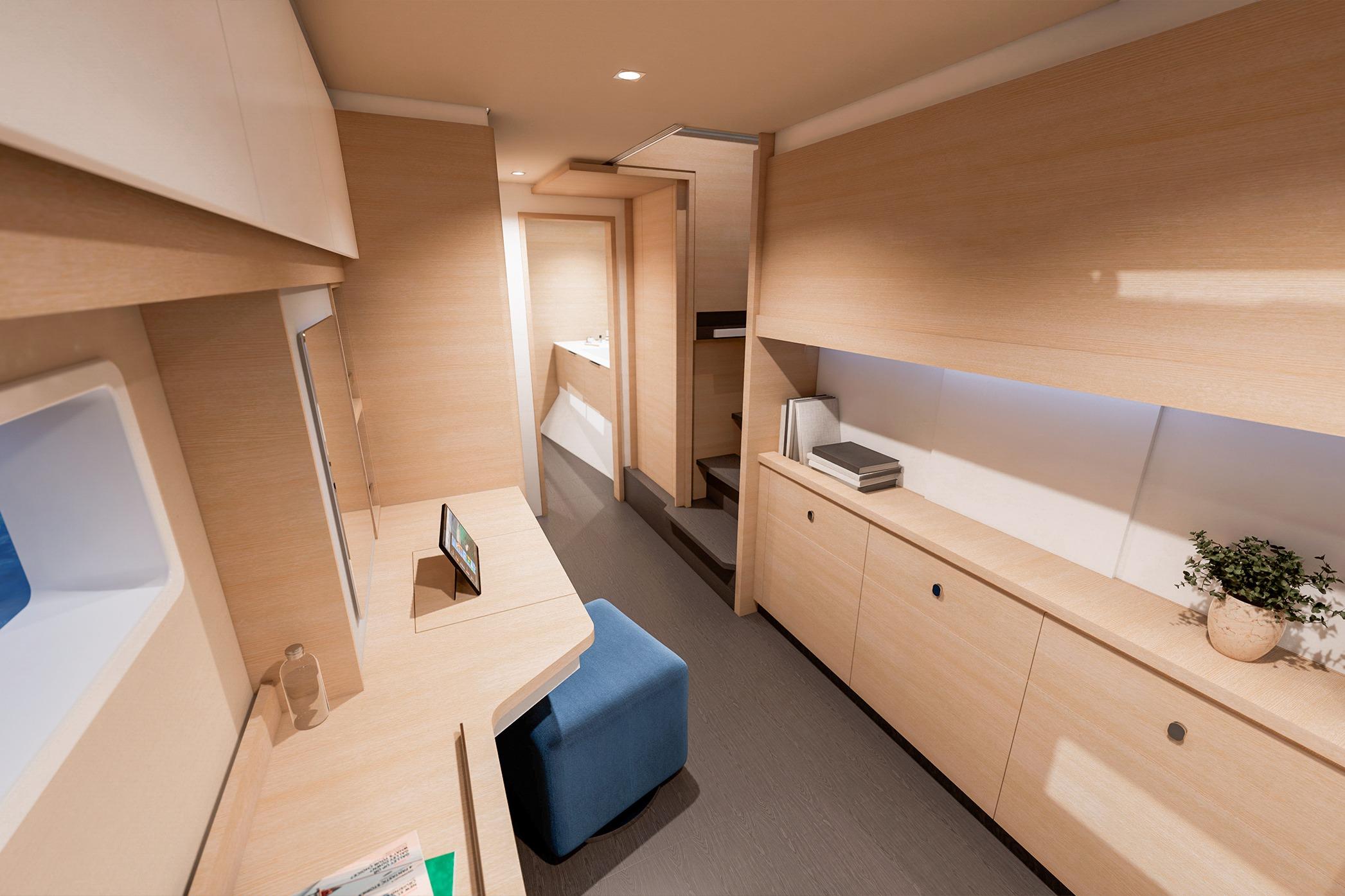 Luxurious interior of 2026 Fountaine Pajot 48 yacht with modern furnishings and elegant design.