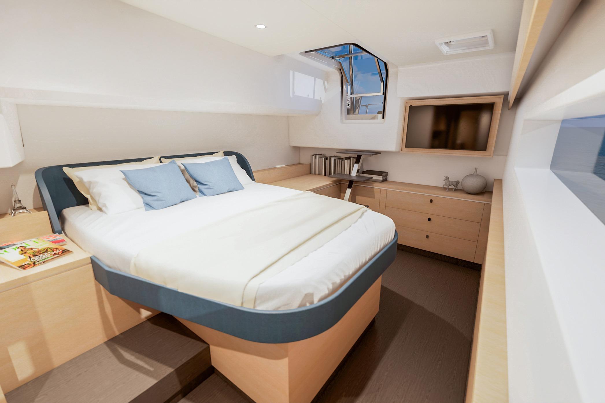 Luxurious cabin interior of 2026 Fountaine Pajot 48 yacht with modern furnishings.