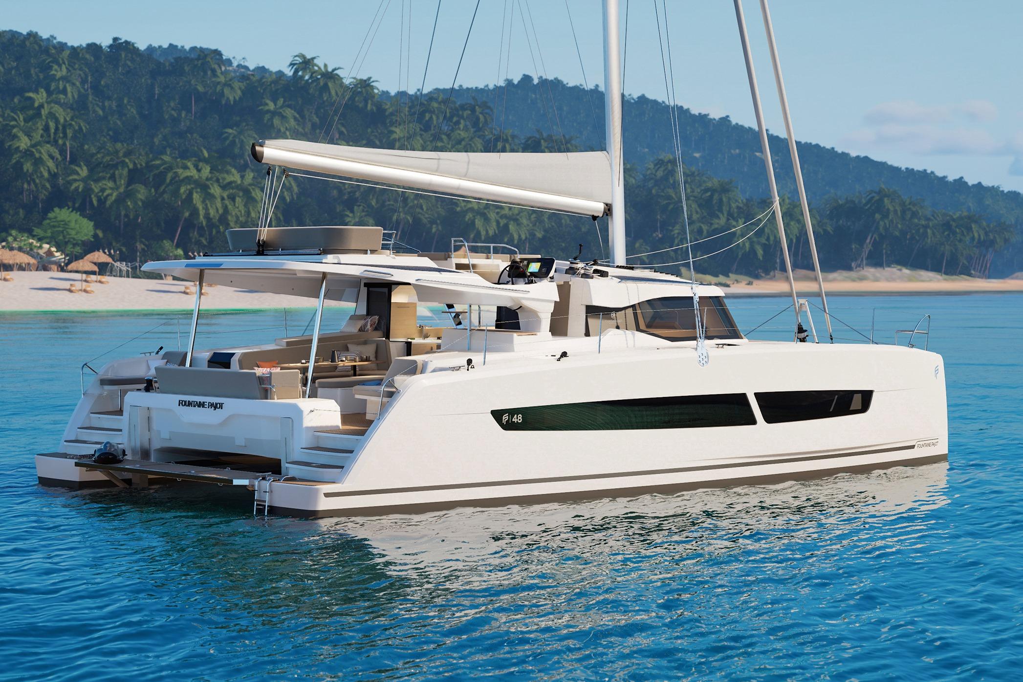 2026 Fountaine Pajot 48 catamaran sailing near tropical beach, showcasing luxury design.