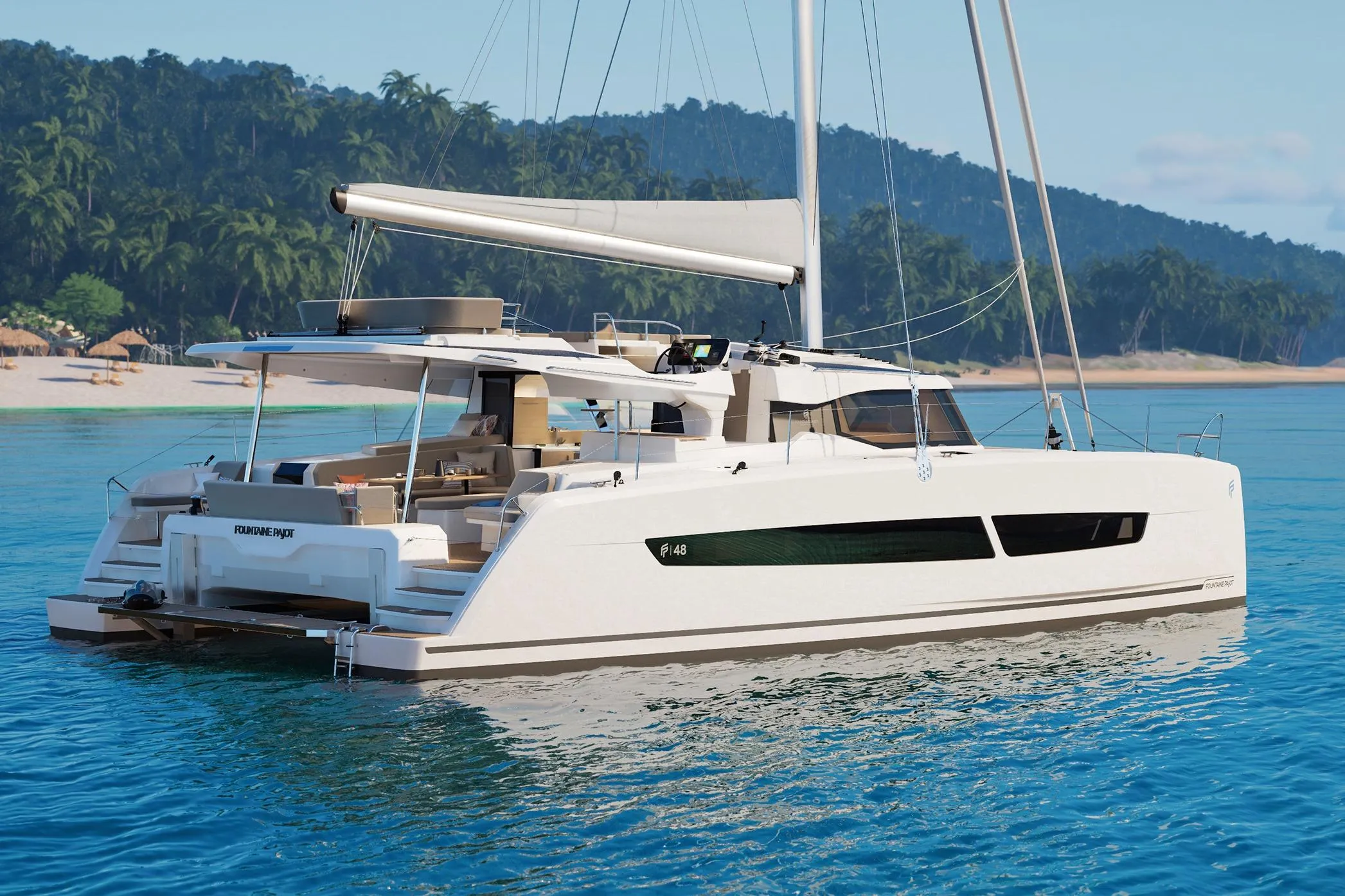 2026 Fountaine Pajot 48 catamaran sailing near tropical beach, showcasing luxury design.