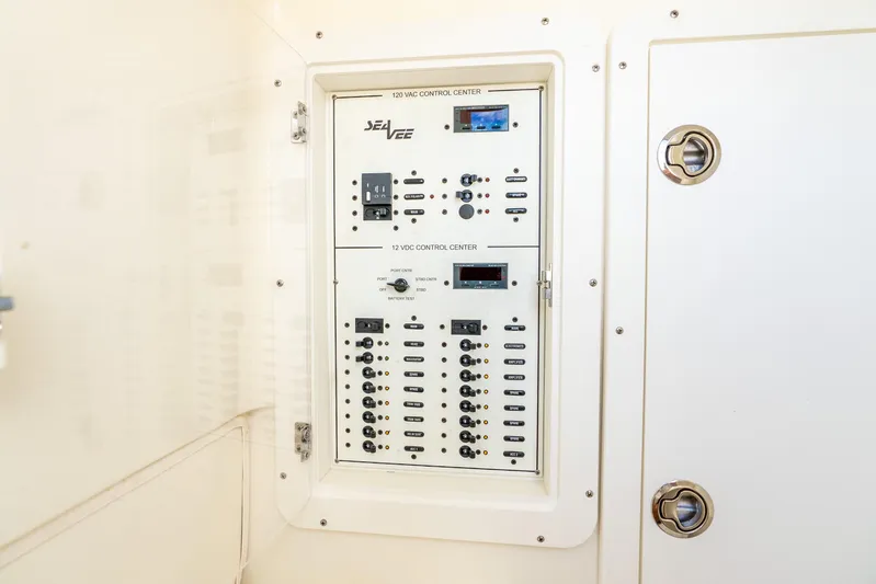  Yacht Photos Pics Control panel of a 2016 SeaVee 340Z boat, featuring 120 VAC and 12 VDC systems.