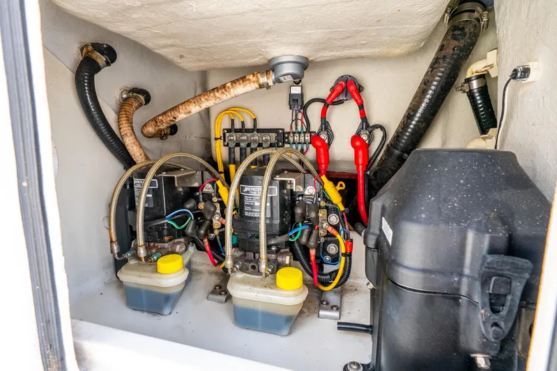  Yacht Photos Pics 2016 SeaVee 340Z engine compartment with wiring and fluid reservoirs.