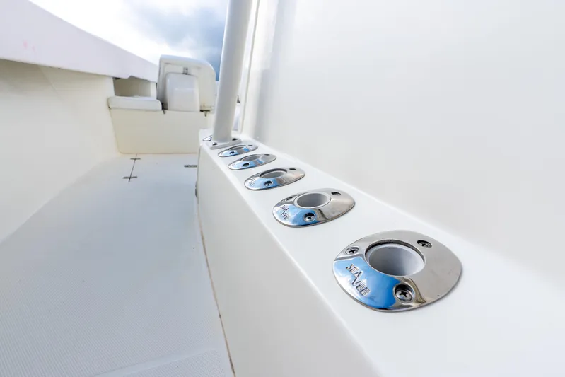  Yacht Photos Pics 2016 SeaVee 340Z boat deck with stainless steel rod holders.