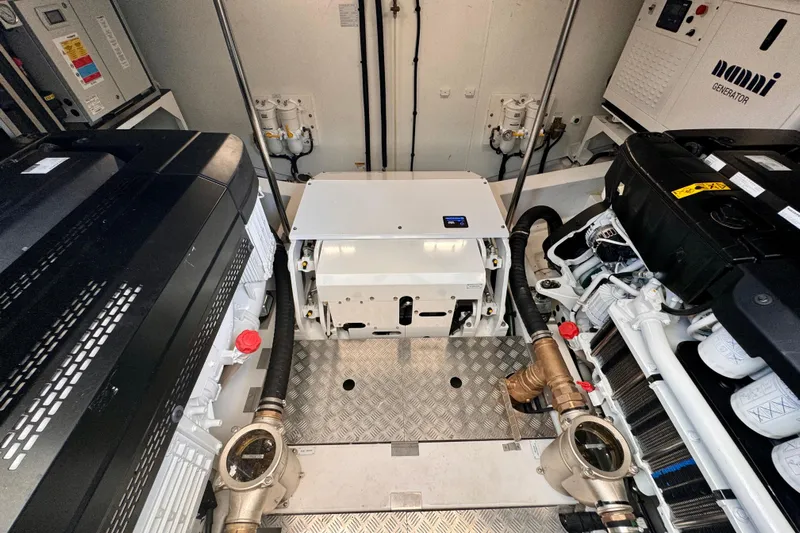  Yacht Photos Pics Engine room of 2025 Azimut Fly 68 yacht, featuring advanced machinery and generator systems.