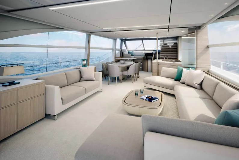  Yacht Photos Pics Luxurious interior of 2019 Princess 75 yacht with elegant seating and ocean views.