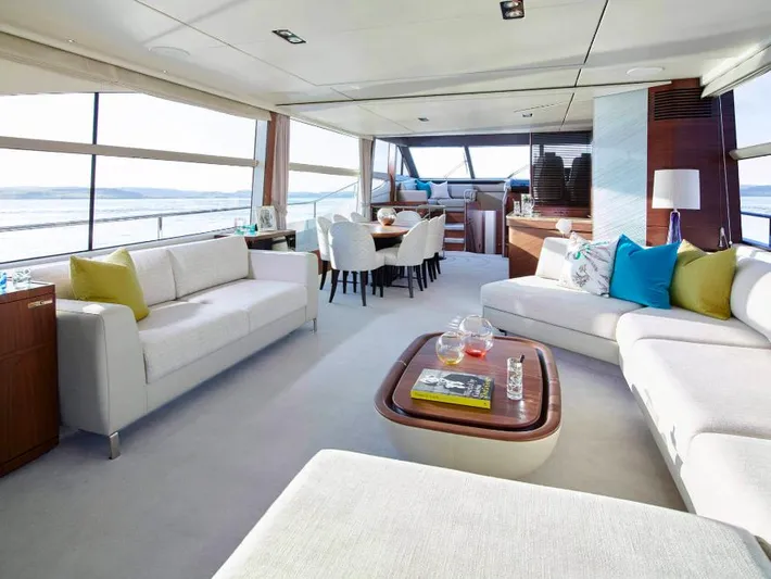  Yacht Photos Pics Luxurious interior of 2019 Princess 75 yacht with elegant seating and dining area.