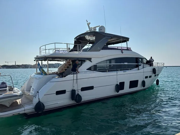  Yacht Photos Pics Luxurious 2019 Princess 75 yacht on serene blue waters, featuring sleek design and spacious deck.