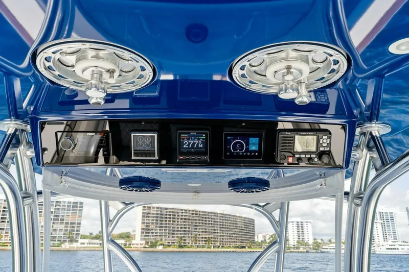 Lily Yacht Photos Pics 2021 Valhalla Boatworks V-33 helm with modern controls and ocean view.