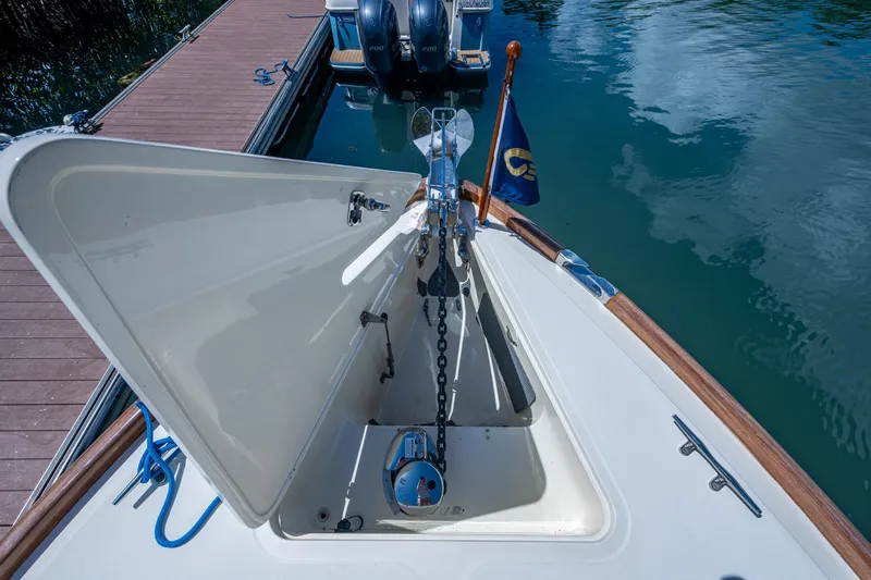 Summer Bliss Yacht Photos Pics 2001 Hinckley Picnic Boat Classic anchor compartment at dockside.