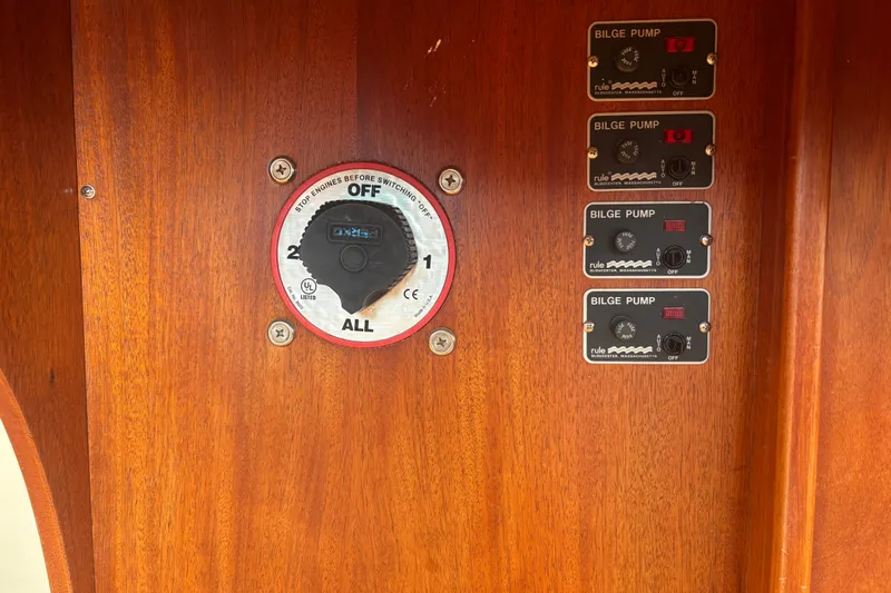 Carroll L Yacht Photos Pics Boat control panel with bilge pump switches and battery selector, Lowell 40, 2001 model.