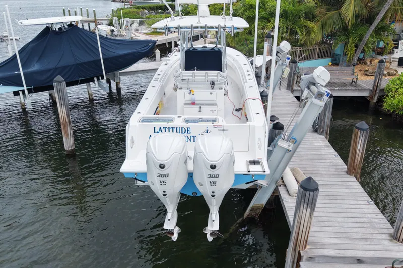  Yacht Photos Pics 2024 Contender 30 Tournament boat docked with dual 300 V6 engines.