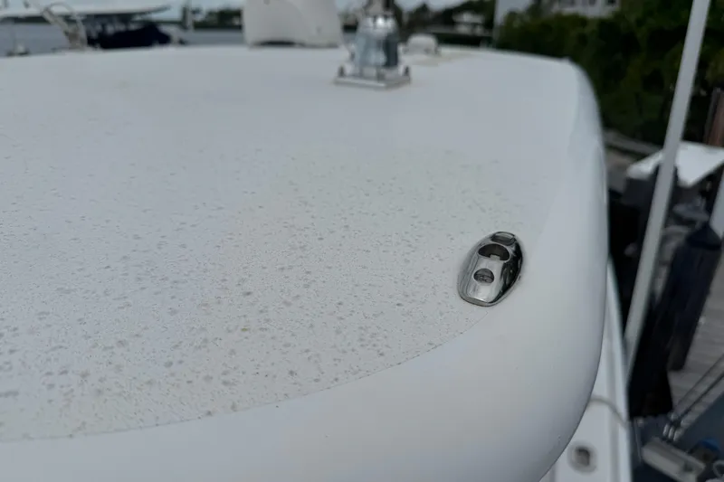  Yacht Photos Pics Close-up of 2024 Contender 30 Tournament boat deck with metal fitting.