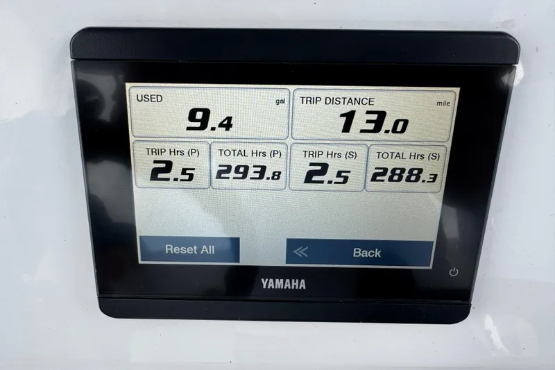  Yacht Photos Pics Yamaha display showing fuel usage and trip data for 2024 Contender 30 Tournament boat.