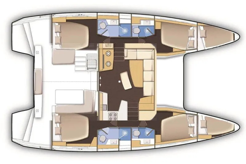 Keyma Yacht Photos Pics Floor plan of a 2020 Lagoon 42 catamaran, featuring cabins, bathrooms, and a central living area.
