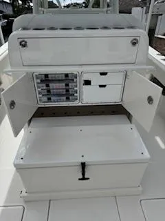 Reel Craft Yacht Photos Pics 2024 SeaVee 340Z boat storage compartments with open doors and organized interior.