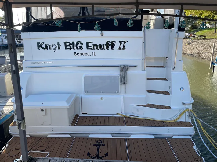  Yacht Photos Pics 1999 Silverton 392 Motor Yacht docked, named "Knot BIG Enuff II," in Seneca, IL.