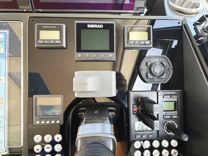 Forever Young Yacht Photos Pics Control panel of a 2019 Sunseeker Predator 57 yacht with navigation and system displays.