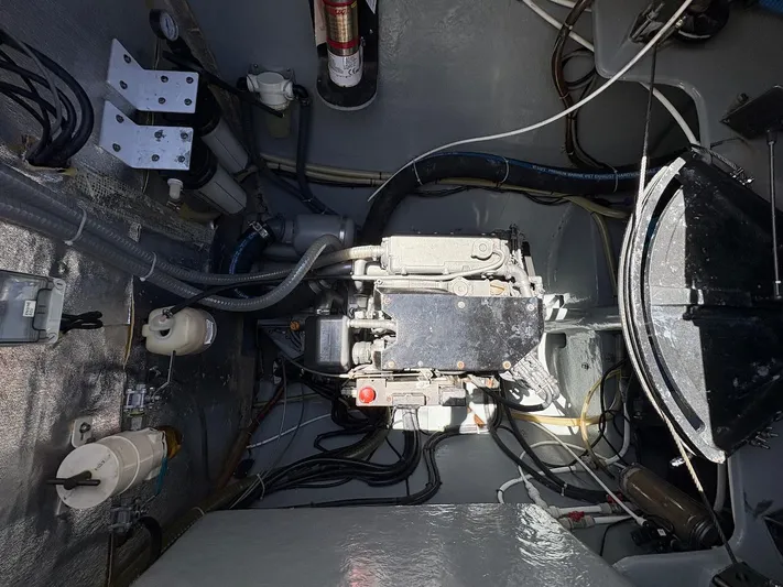Windborne Yacht Photos Pics Engine room of 2015 Voyage Yachts VOYAGE 520, showcasing mechanical components and wiring.