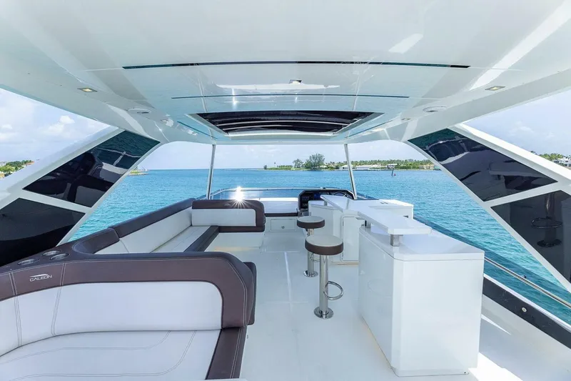 Yacht Photos Pics Luxurious 2019 Galeon 640 Fly yacht interior with ocean view and modern seating.