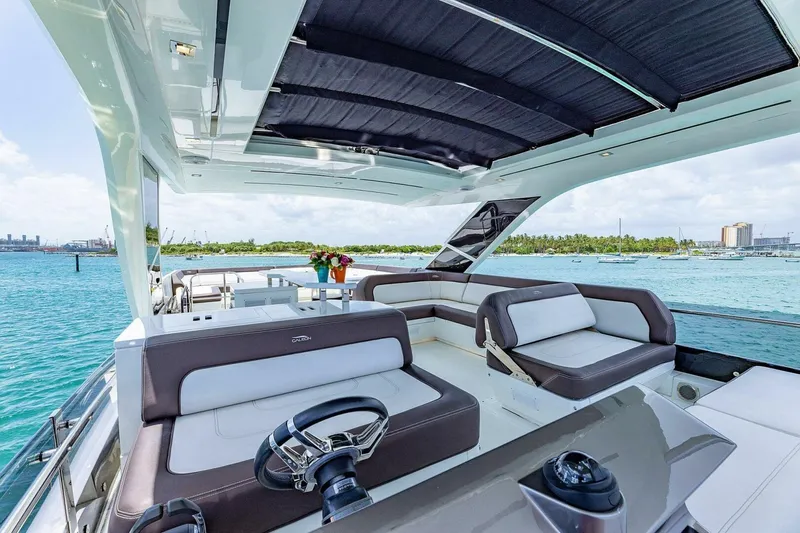  Yacht Photos Pics Luxurious 2019 Galeon 640 Fly yacht interior with elegant seating and ocean view.