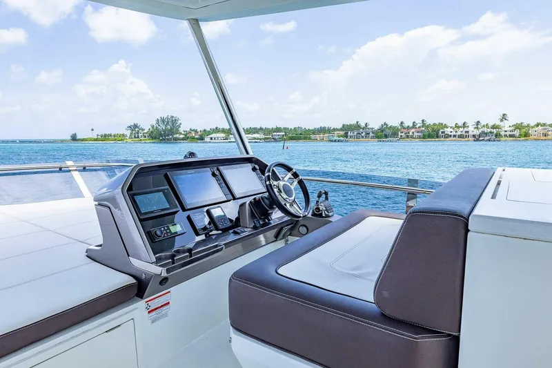  Yacht Photos Pics Helm of 2019 Galeon 640 Fly yacht with scenic ocean view.