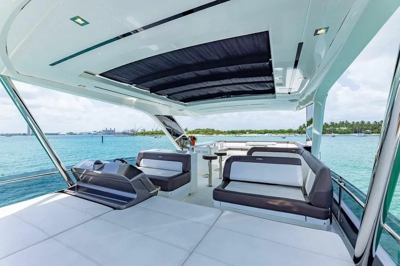  Yacht Photos Pics Luxurious 2019 Galeon 640 Fly yacht interior with ocean view and elegant seating.