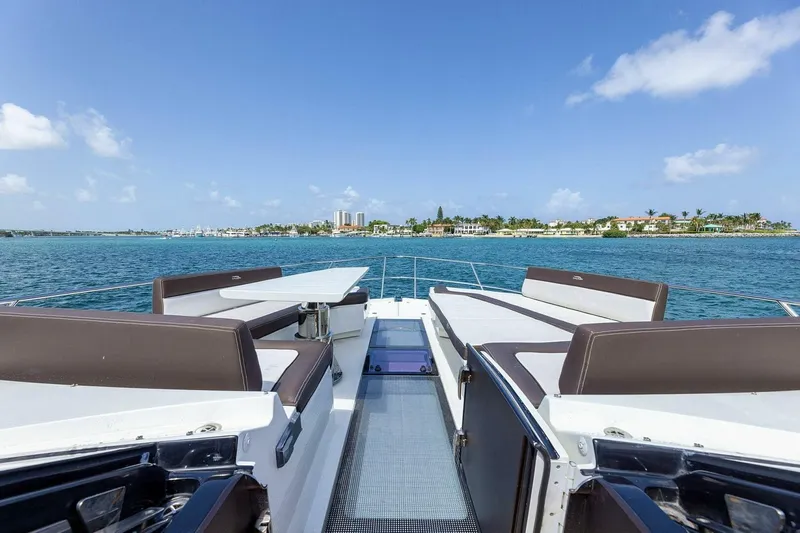  Yacht Photos Pics 2019 Galeon 640 Fly yacht deck with ocean view and seating area.