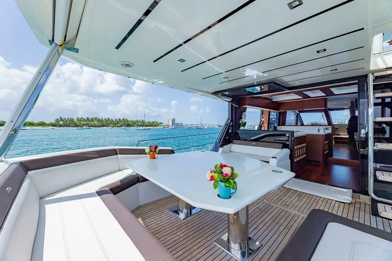  Yacht Photos Pics Luxurious 2019 Galeon 640 Fly yacht interior with elegant seating and ocean view.