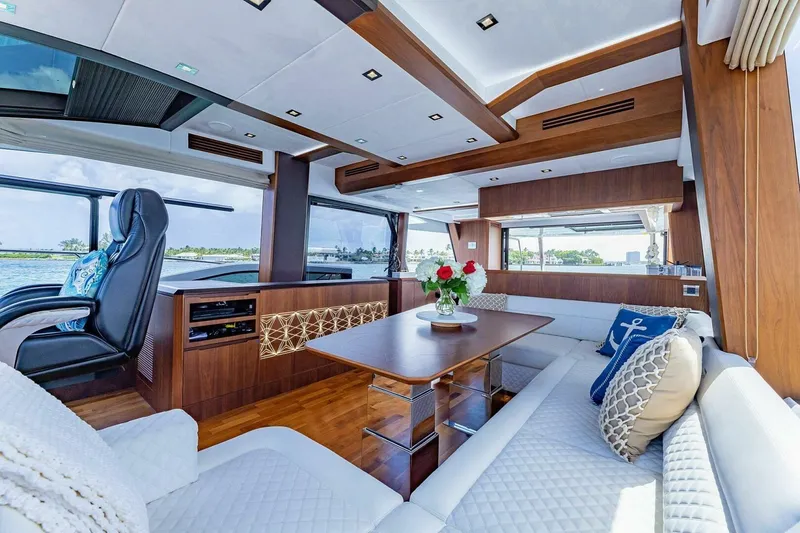  Yacht Photos Pics Luxurious interior of 2019 Galeon 640 Fly yacht with elegant seating and decor.