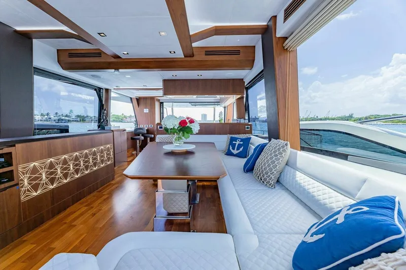  Yacht Photos Pics Luxurious interior of 2019 Galeon 640 Fly yacht with elegant seating and decor.