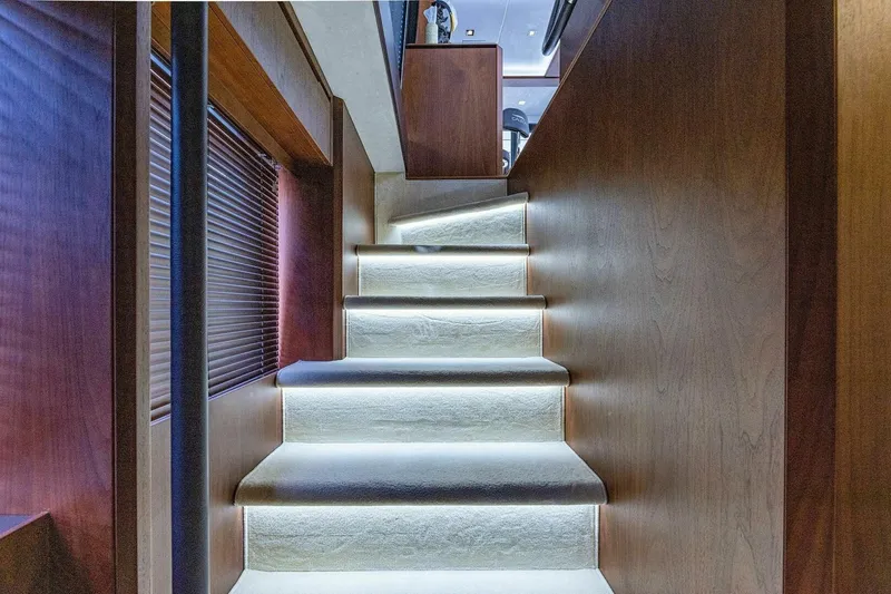  Yacht Photos Pics Staircase with ambient lighting inside 2019 Galeon 640 Fly yacht.