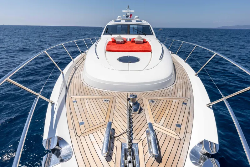  Yacht Photos Pics Luxurious 2008 Princess V70 yacht with spacious deck cruising on open sea.