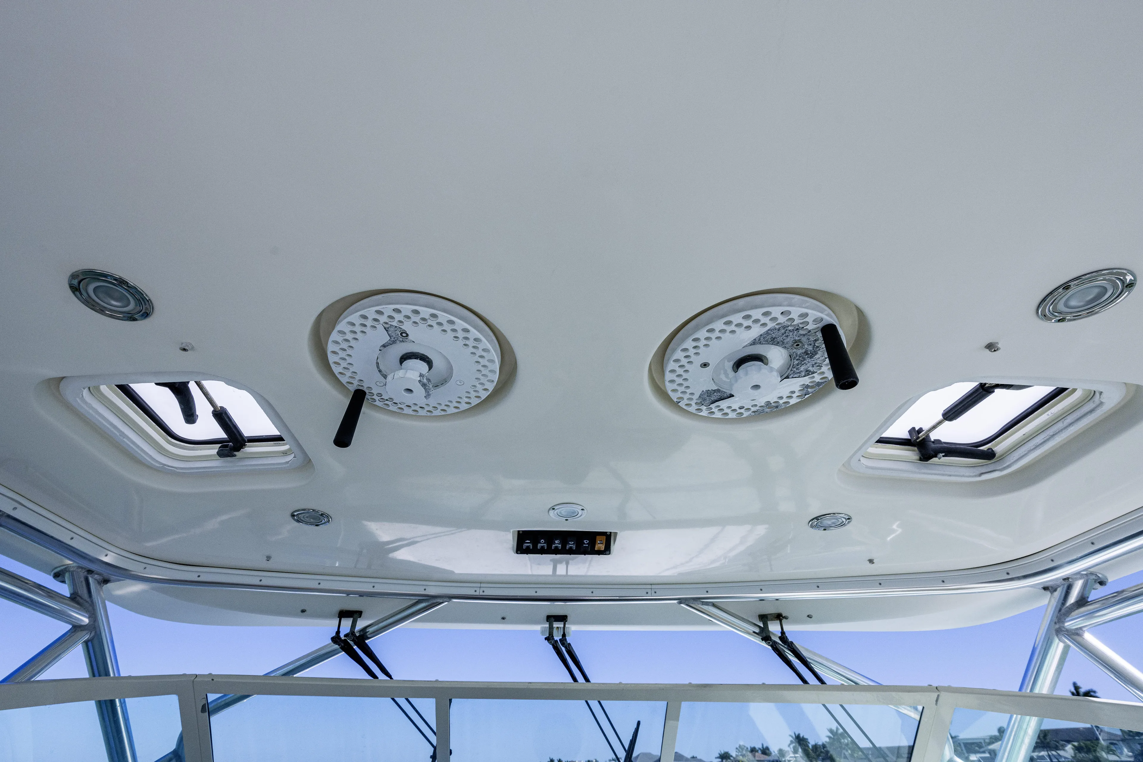 5 O' Clock Somewhere Yacht Photos Pics 2010 Scout 350 Abaco boat interior ceiling with hatches and lights.