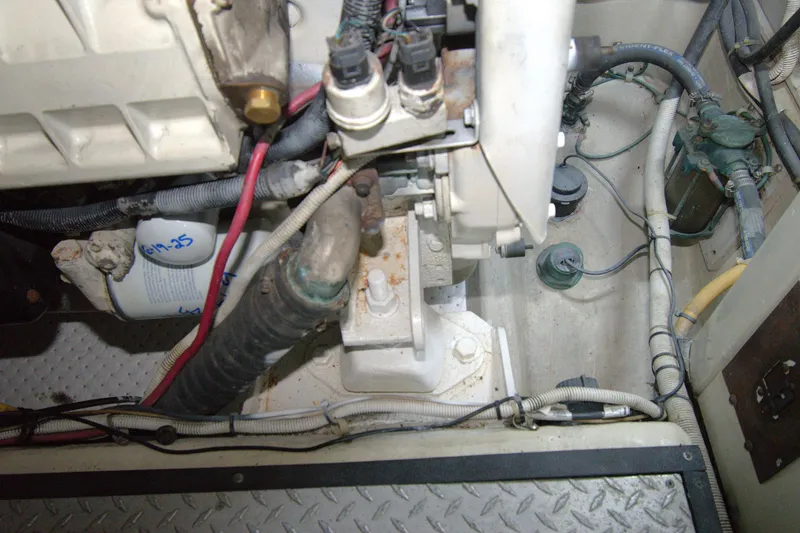 IV Play Too Yacht Photos Pics Engine compartment of 2005 Carver 444 Cockpit Motor Yacht, showing wiring and components.