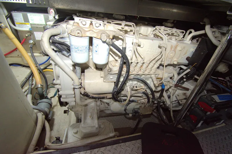 IV Play Too Yacht Photos Pics Engine room of 2005 Carver 444 Cockpit Motor Yacht with visible components and wiring.