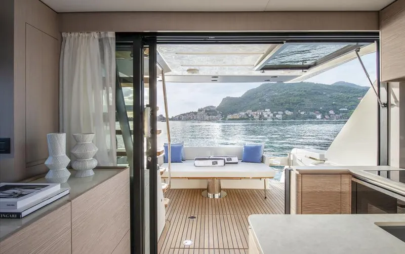  Yacht Photos Pics Luxurious interior of 2025 Ferretti Yachts 500 with scenic water view.