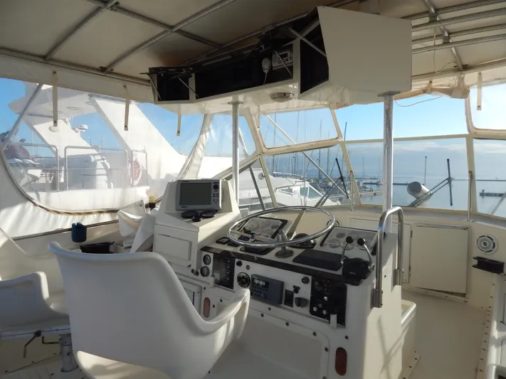  Yacht Photos Pics 1981 Hatteras 50 Convertible yacht helm with navigation equipment and marina view.