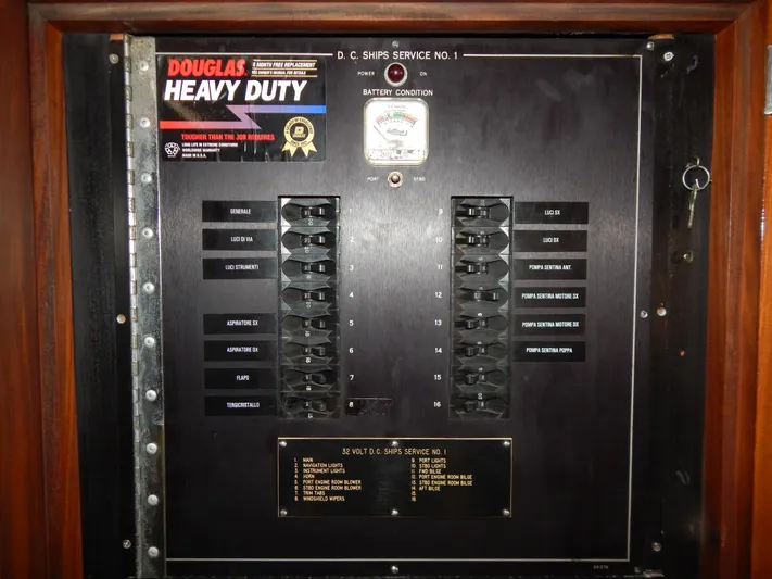 Yacht Photos Pics Electrical panel on a 1981 Hatteras 50 Convertible boat, featuring circuit breakers and labels.