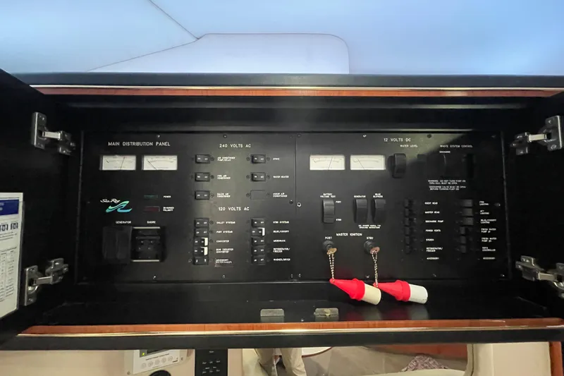  Yacht Photos Pics Electrical control panel of a 1999 Sea Ray 460 Sundancer boat, featuring various switches and gauges.