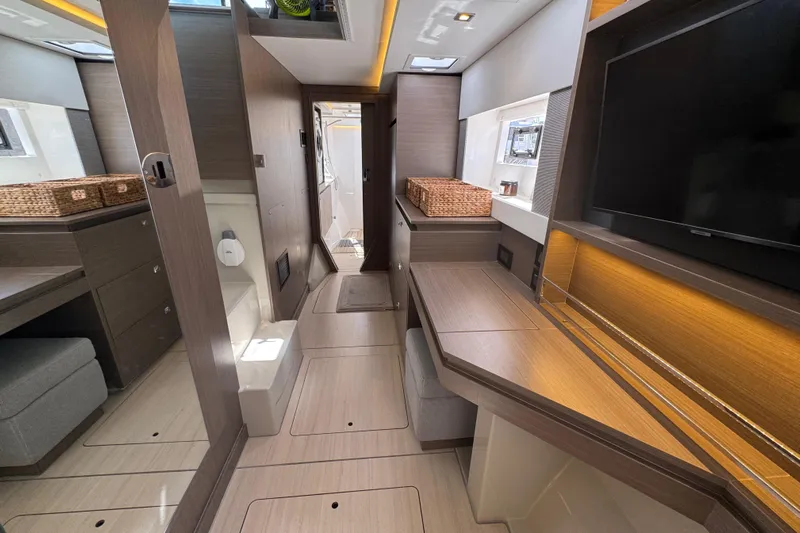 Jolly Time Yacht Photos Pics Luxurious interior of 2021 Leopard 42 yacht with modern furnishings and sleek design.