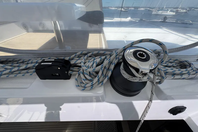 Jolly Time Yacht Photos Pics Leopard 42 yacht deck with winch and coiled ropes, 2021 model.