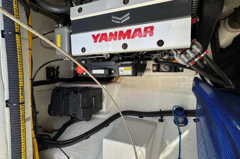 Jolly Time Yacht Photos Pics Engine compartment of a 2021 Leopard 42 yacht featuring a Yanmar engine.