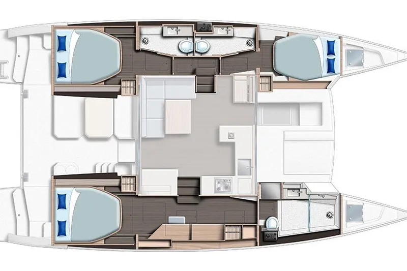 Jolly Time Yacht Photos Pics Floor plan of a 2021 Leopard 42 catamaran, featuring three bedrooms and two bathrooms.