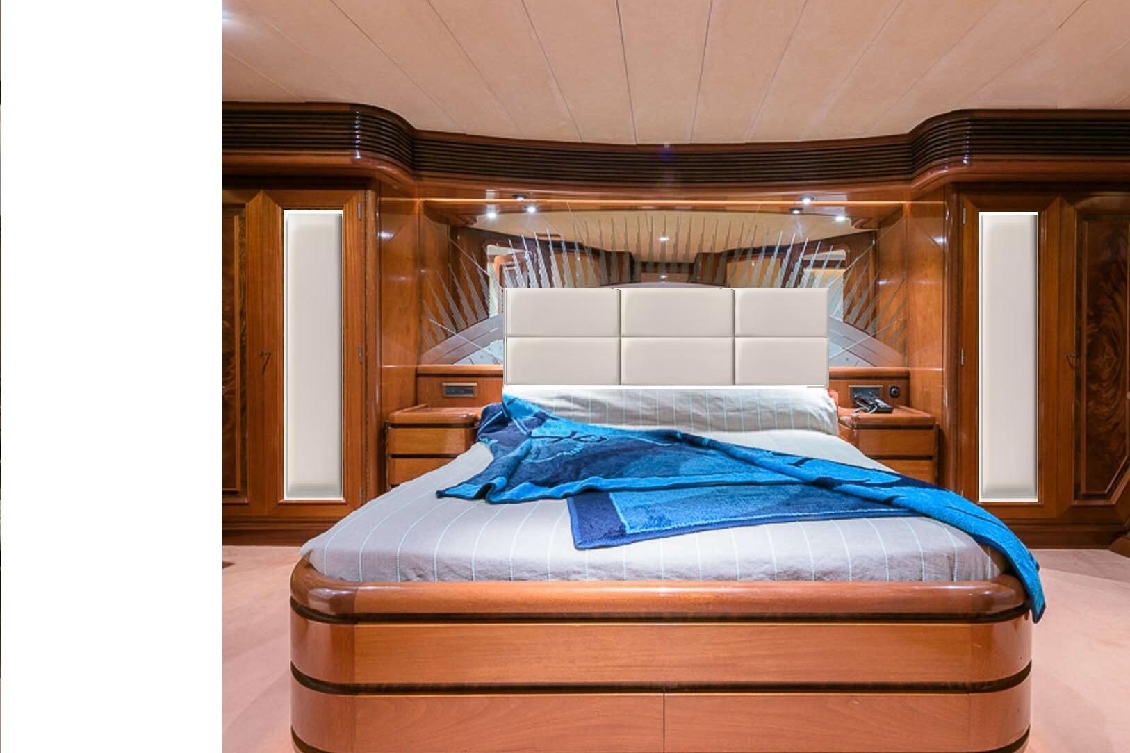 Luxurious bedroom interior on 1991 Explorer Trawler tri deck 110' yacht.
