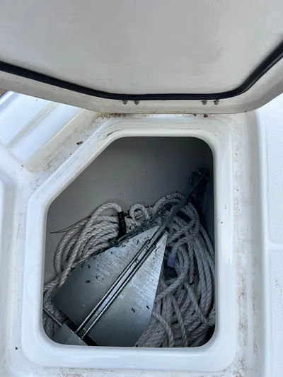  Yacht Photos Pics Anchor and rope stored in NJM NSB-28 boat compartment, 2023 model.